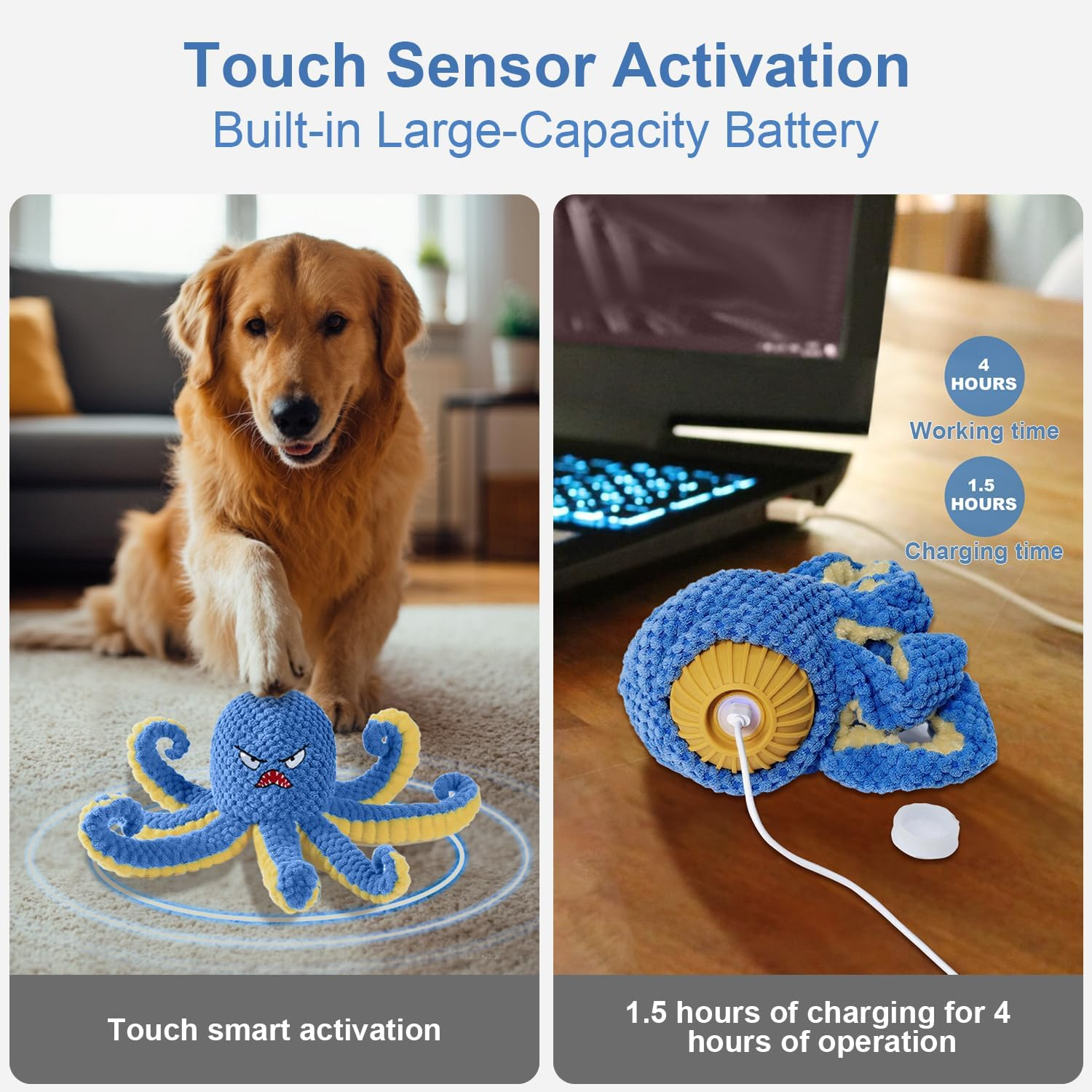 Qraxond Interactive Dog Toys Octopus,Durable Automatic Jumping Dog Toy to Keep Them Busy,Squeaky Moving Tug of War Doggie Toy,Usb Rechargeable,Not for Aggressive Chewers (Blue) image number 5