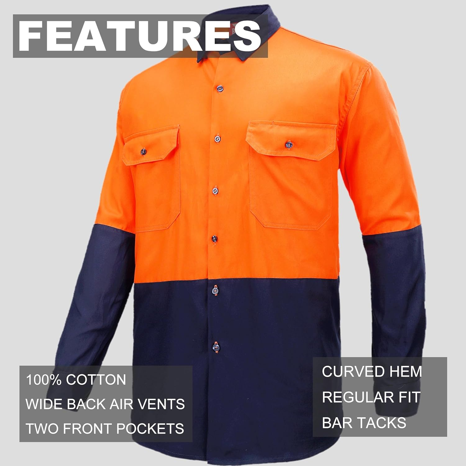 BIG BEE Hi-Vis Work Shirt, Cotton Long Sleeve Safety Workwear