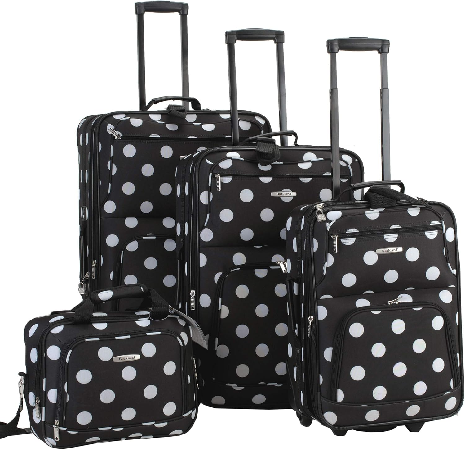 Rockland Polka Softside Upright Luggage Set, Black Dot, 4-Piece Set (14/19/24/28), Polka Softside Upright Luggage Set