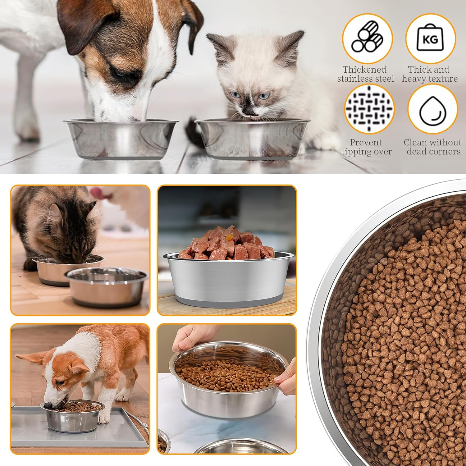 2 Pack Stainless Steel Dog Bowl Food Grade Metal Pet Bowls with Non-Slip Base, Rustproof & Chew-Proof Dog Bowl for Small/Medium Dogs, Dishwasher Safe Indoor/Outdoor Feeding Bowls Grey (14CM)