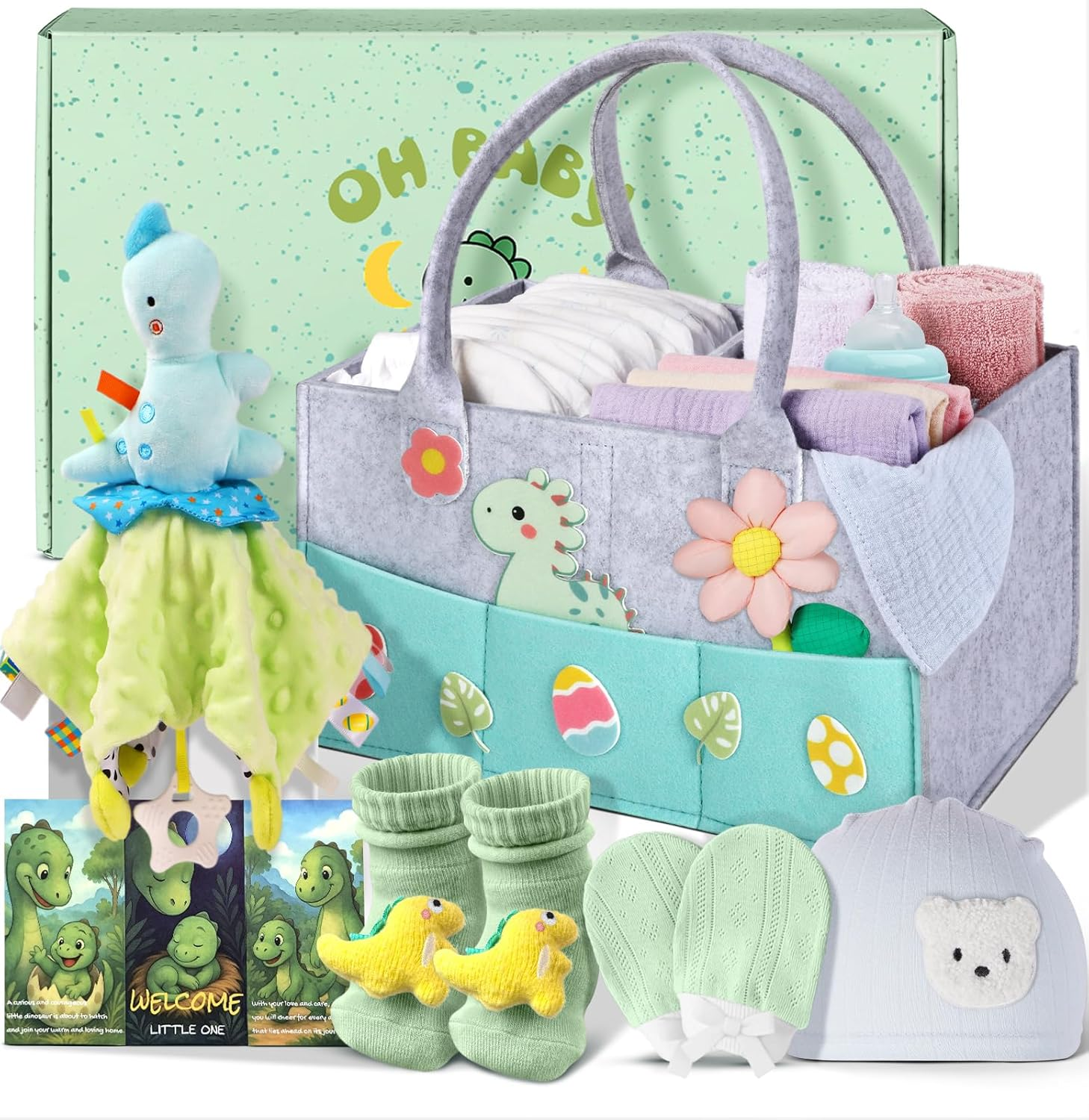 Coralogo Baby Shower Gift Basket - Baby Gift Set with Practical Diaper Caddy, Gifts for New Mom, Gender Reveal Gifts, New Born Essential Include Security Blanket Hat Bib Socks Mittens, Boy