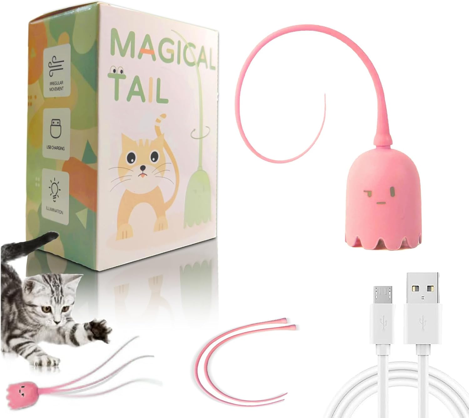 2024 New Cat Wand Toy - 2 in 1 Automatic Cat Silicone Tail Teaser Toy Silicone Teaser Tail Cat Toy, Silicone Cat Fairy Wand, Stress Relief Cat Pol Toy, Toy for Indoor Cats, Kittens, Dogs