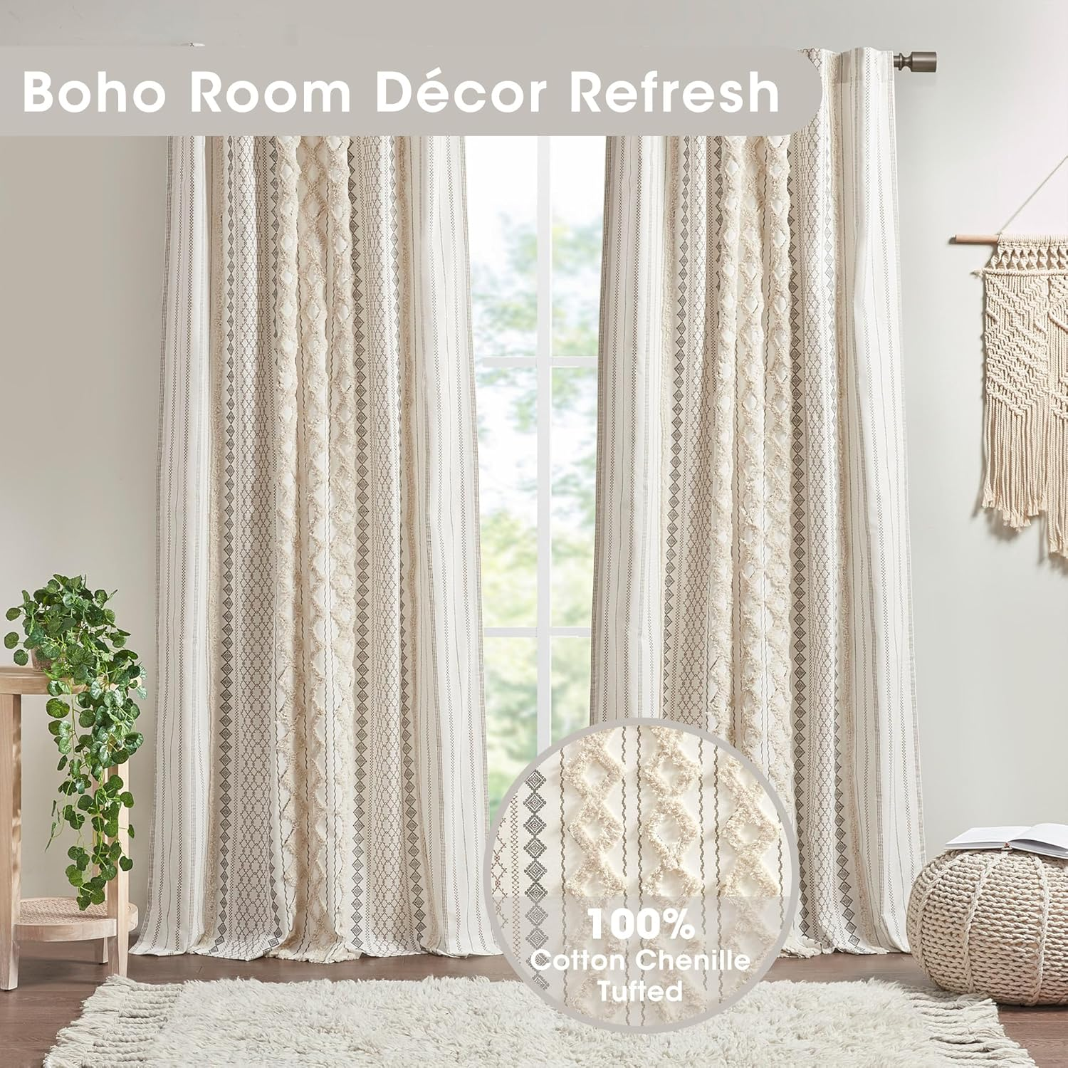 INK+IVY Imani 100% Cotton Single Panel Curtain Tufted Chenille Stripe Geometric Print Mid-Century Look Rod Pocket Top Drape for Living Room, Privacy Window Treatment for Bedroom, 50" X 84", Ivory image number 3