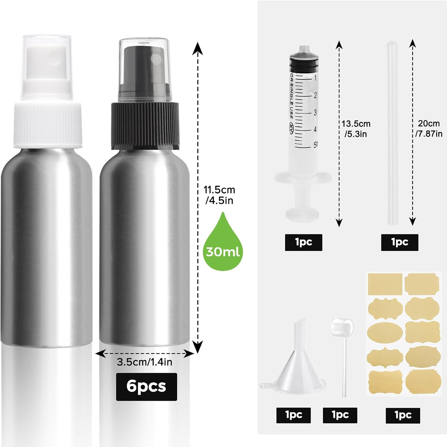 Bohoray Pack of 6 30 Ml Spray Bottle, Small Aluminium, Aluminium Spray Bottle, Atomiser Spray Bottle, Pump Atomiser with Funnel/Syringe/Label, Portable Atomiser Perfume for Cosmetics, Liquid image number 2