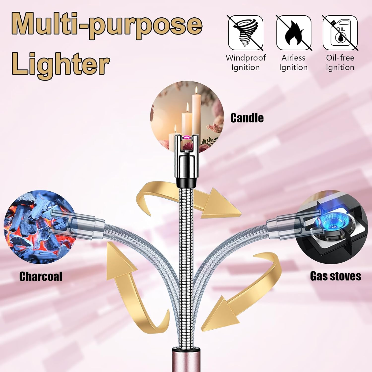 Electric Candle Lighter: USB Rechargeable Windproof Flameless with 360&deg; Flexible Neck & LED Power Display Long Lighter for Women Men as Birthday Gifts, Rose Gold - Rose Gold image number 4