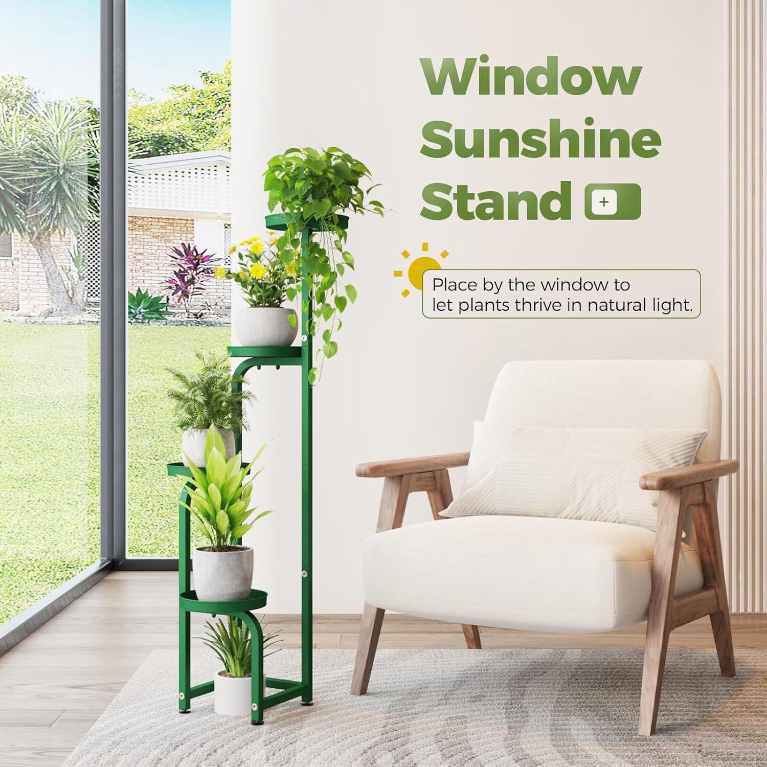 Bamworld Corner Plant Stand Indoor Outdoor, Tall Metal Flower Pot Stands for Multiple Plants, 4 Tier Green Heavy Duty Plant Shelf for Patio Garden Balcony Living Room Bedroom(Patent Design) image number 3