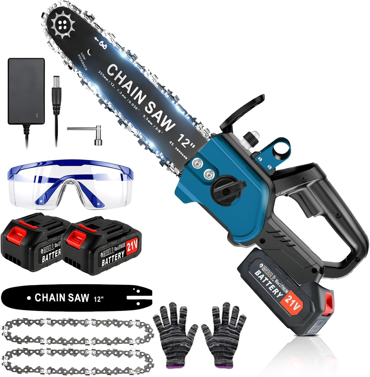 40000Mah Cordless Chainsaw, 12 Inch Electric Cordless Chainsaw Portable with Brushless Motor for Cutting Branches, Trees, DIY Projects Gardening, Forests (Blue) image number 5