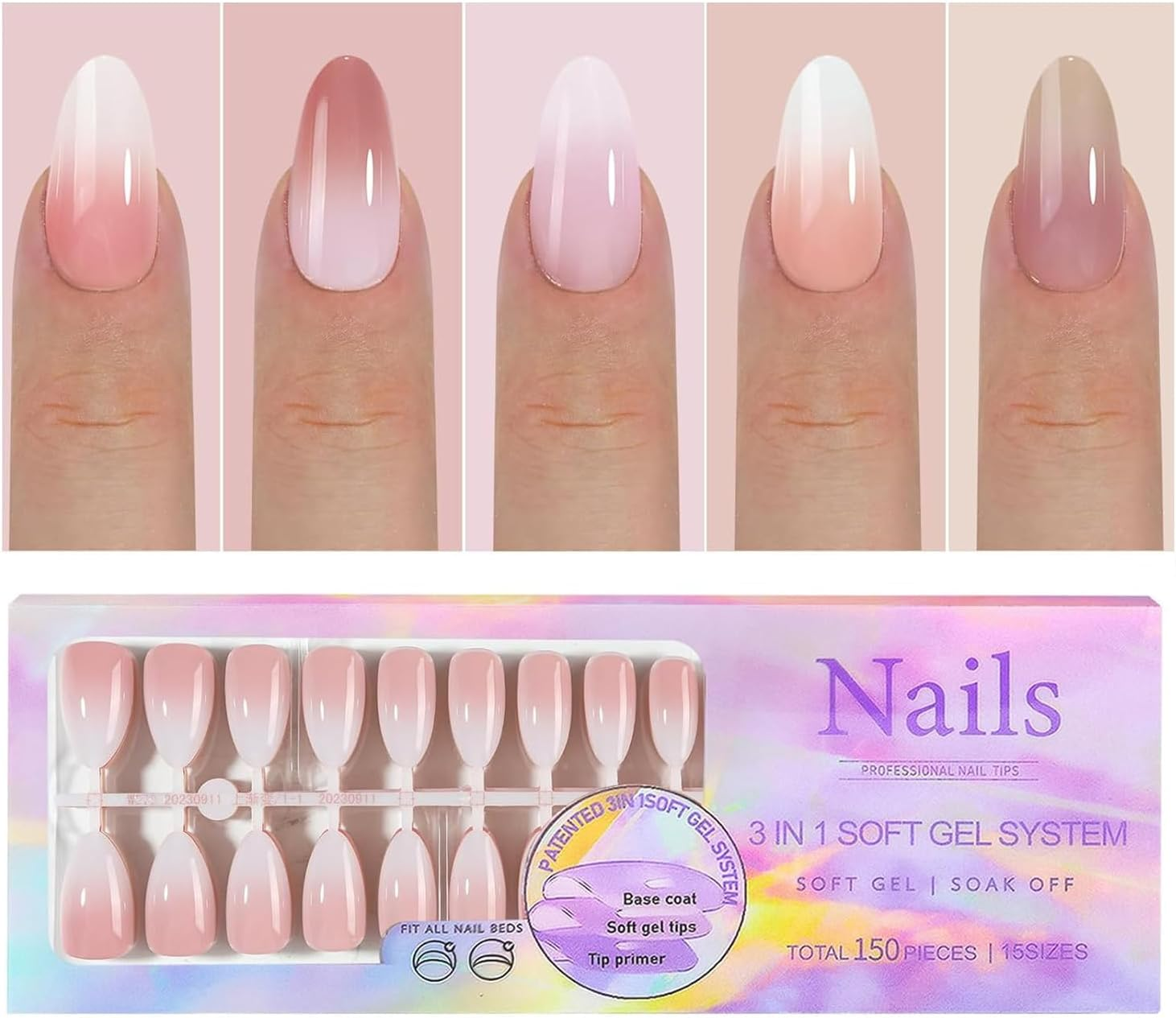 French Gel Nail Tips -150Pcs French Tip Press on Nails Pink Medium Almond 3 in 1 X-Coat Tips Pre-Applied Base Coat, No Need to File Fake Nails for Nail Art DIY 15 Sizes (Gradient Color, Almond)