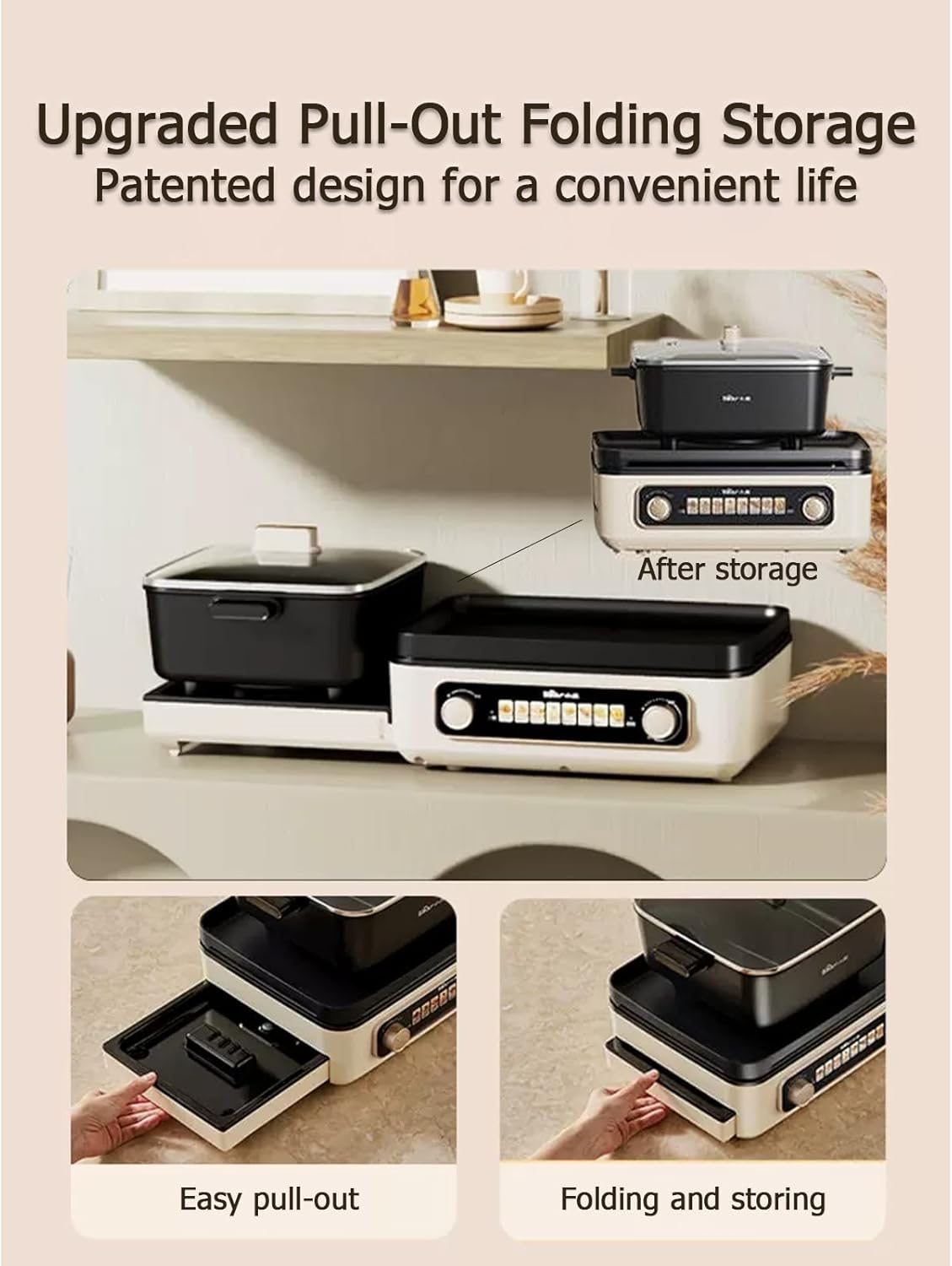 BEAR Electric Grill with Hot Pot, 2-In-1 Folding Korean BBQ Grill Indoor & Shabu Shabu Pot, Removable Hotpot Pot & KBBQ Grill, Non-Stick, Adjustable Temperature, 2100W image number 2