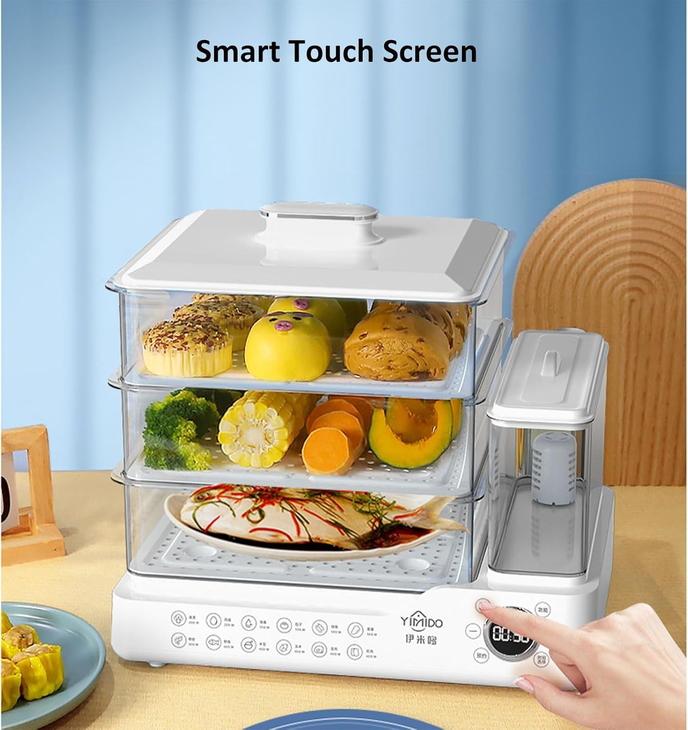 Electric Food Steamer, 3 Tier Removable Steamer, 24L Large Capacity, Touch Screen Display, 800W Fast Heating, 12H Timer, Independent Water Tank with Filter for Safer Use image number 3