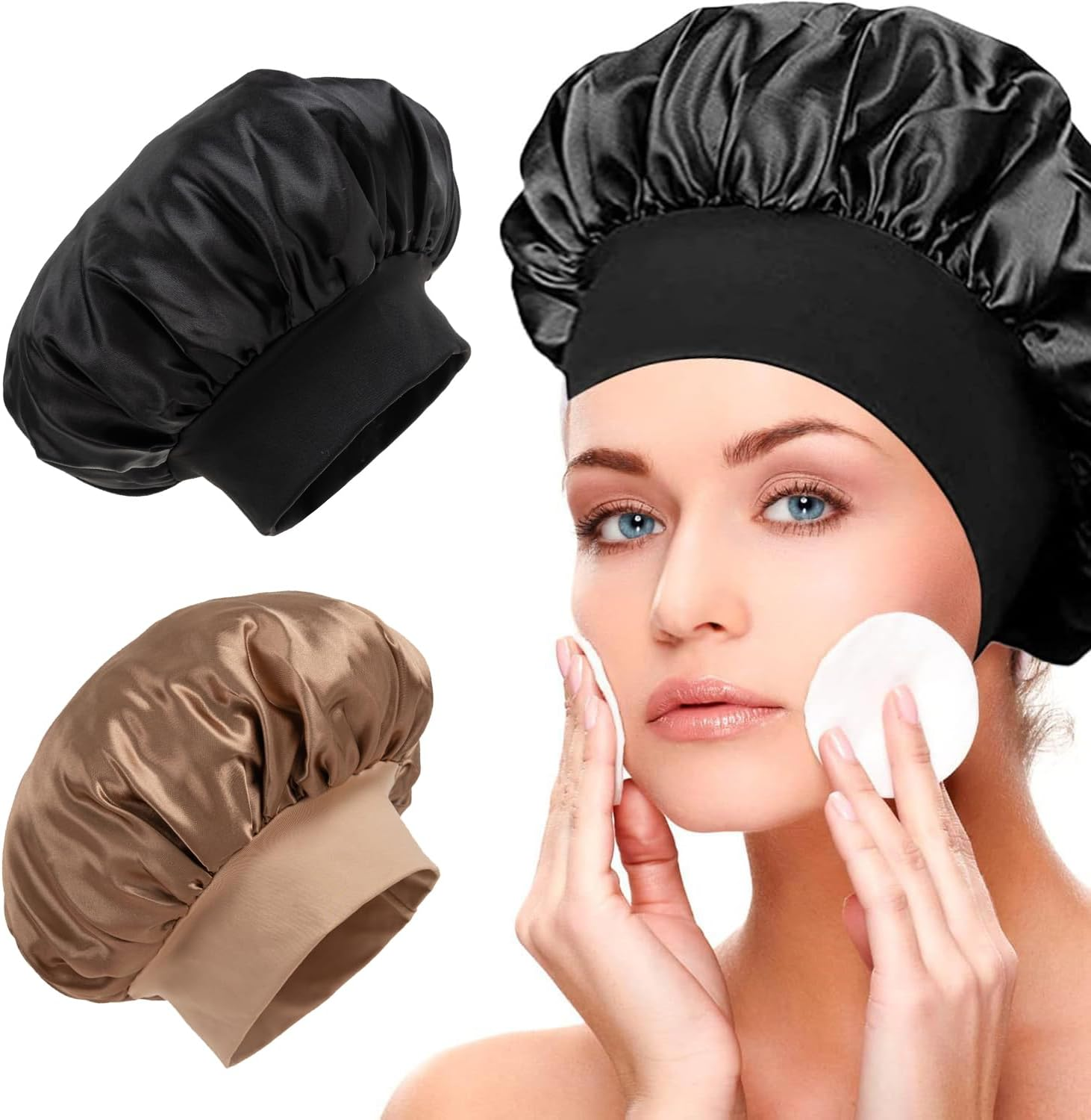 2PCS Silk Satin Bonnet for Sleeping, Soft Elastic Band Hair Bonnet for Women Curly Natural Hair, Double-Layer Silk Satin Sleeping Cap, Shower Cap for Women(Black&Golden)