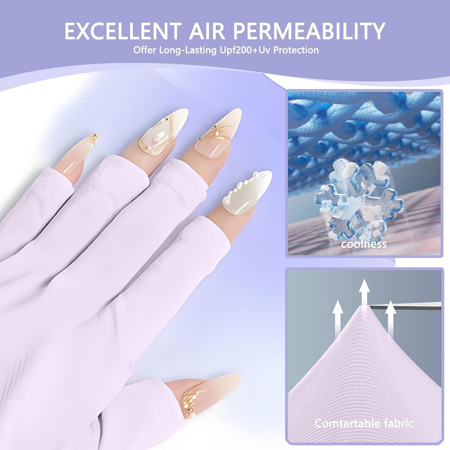 Checkzed UV Gloves for Nails，Professional UPF50+ Fingerless UV Light Gloves for Gel Manicures, Gel Nail Lamp 99% UVS Blocking, Outdoor Sunscreen Glove (Lavender Purple) image number 1