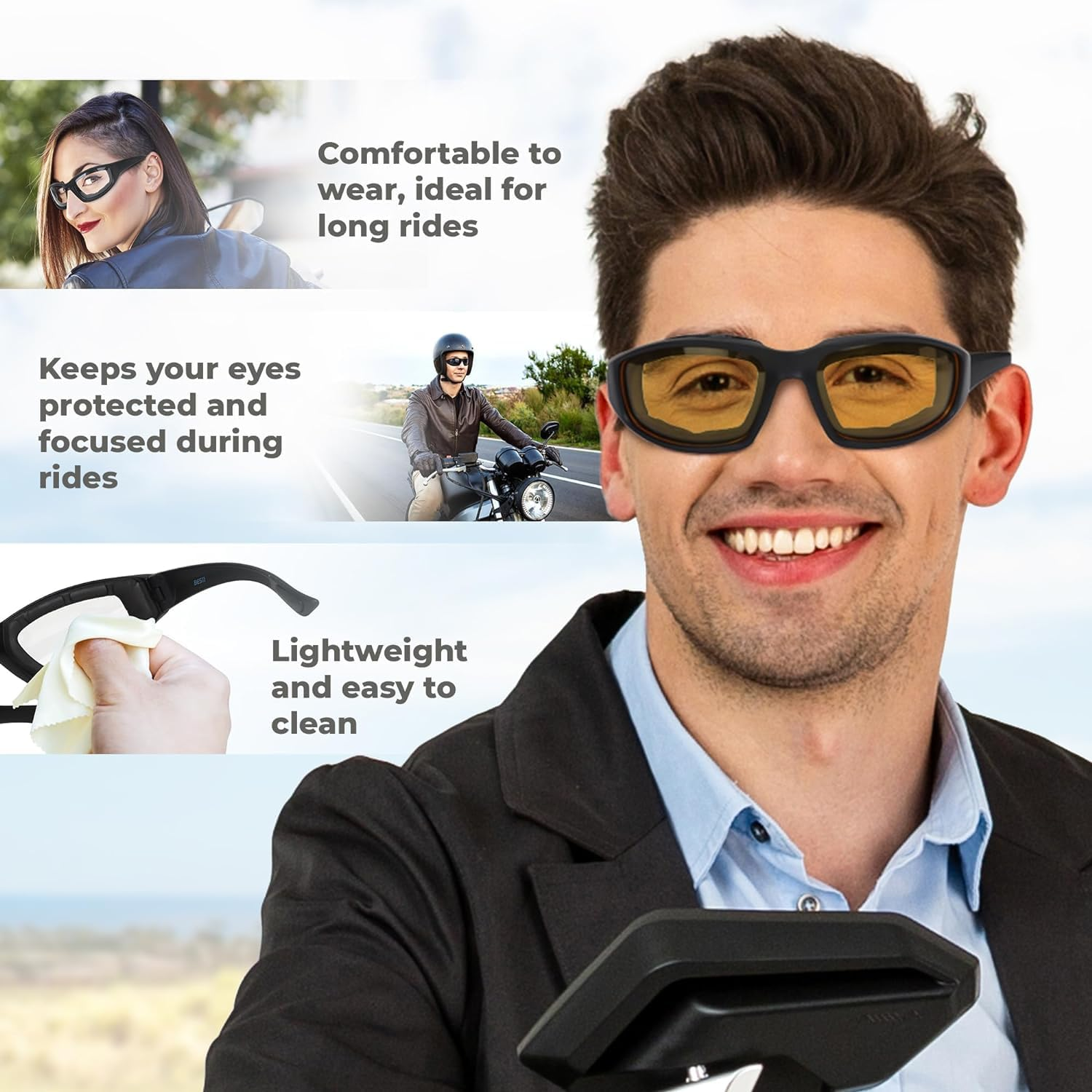 3-Pack Motorcycle Glasses &ndash; Foam Padding &ndash; Anti-Wind & Dust &ndash; Polycarbonate Lens