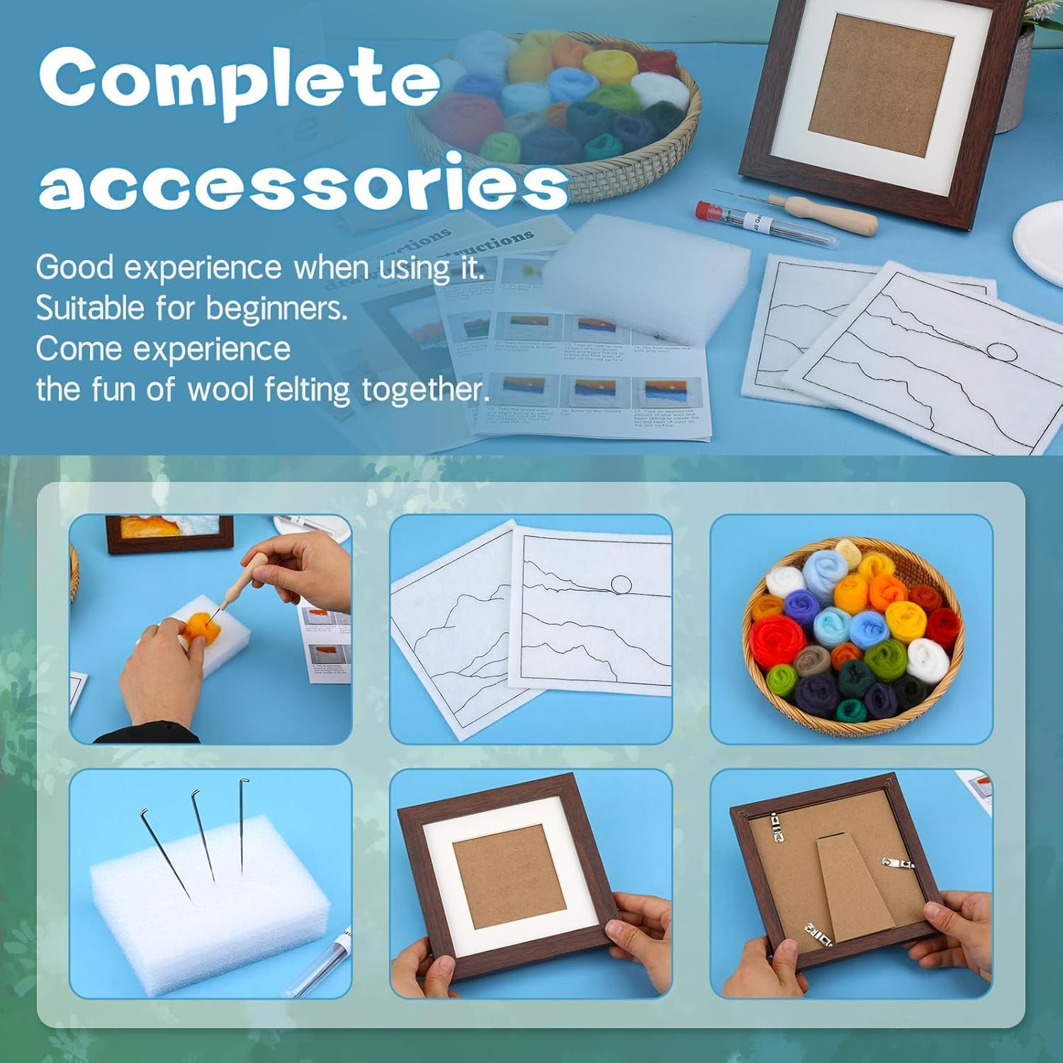 Needle Felting Kits for Beginners, Needle Felt Painting Kit, Wool Felting Kit with Picture Frame, Foam Pad, Felt Cloth, and Instructions, Used for Home Decoration