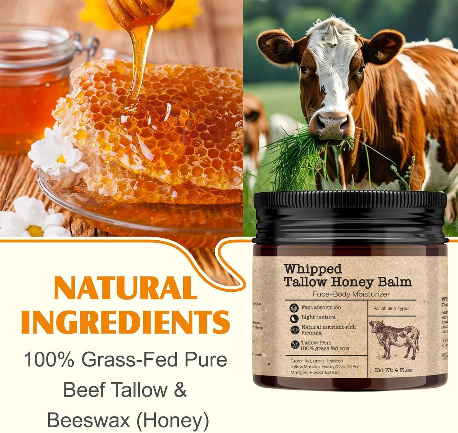 Whipped Tallow Honey Balm,Beef Tallow with Honey Moisturizer Cream for Face Body image number 2