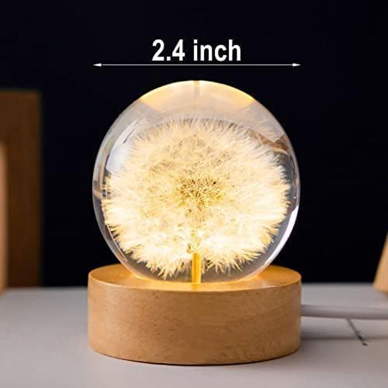 MARZIUS Flower Crystal Ball Night Light,2.4 Inch Glass Ball Night Lamp with Woodern Base (Red Daisy) - Yellow image number 2