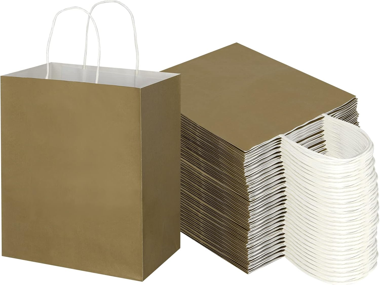 Toovip 100 Pack 8X4.75X10 Inch Medium White Kraft Paper Bags with Handles Bulk, Gift Wrap Bags for Favors Grocery Retail Party Birthday Shopping Business Goody Craft Merchandise Take Out Bags Sacks
