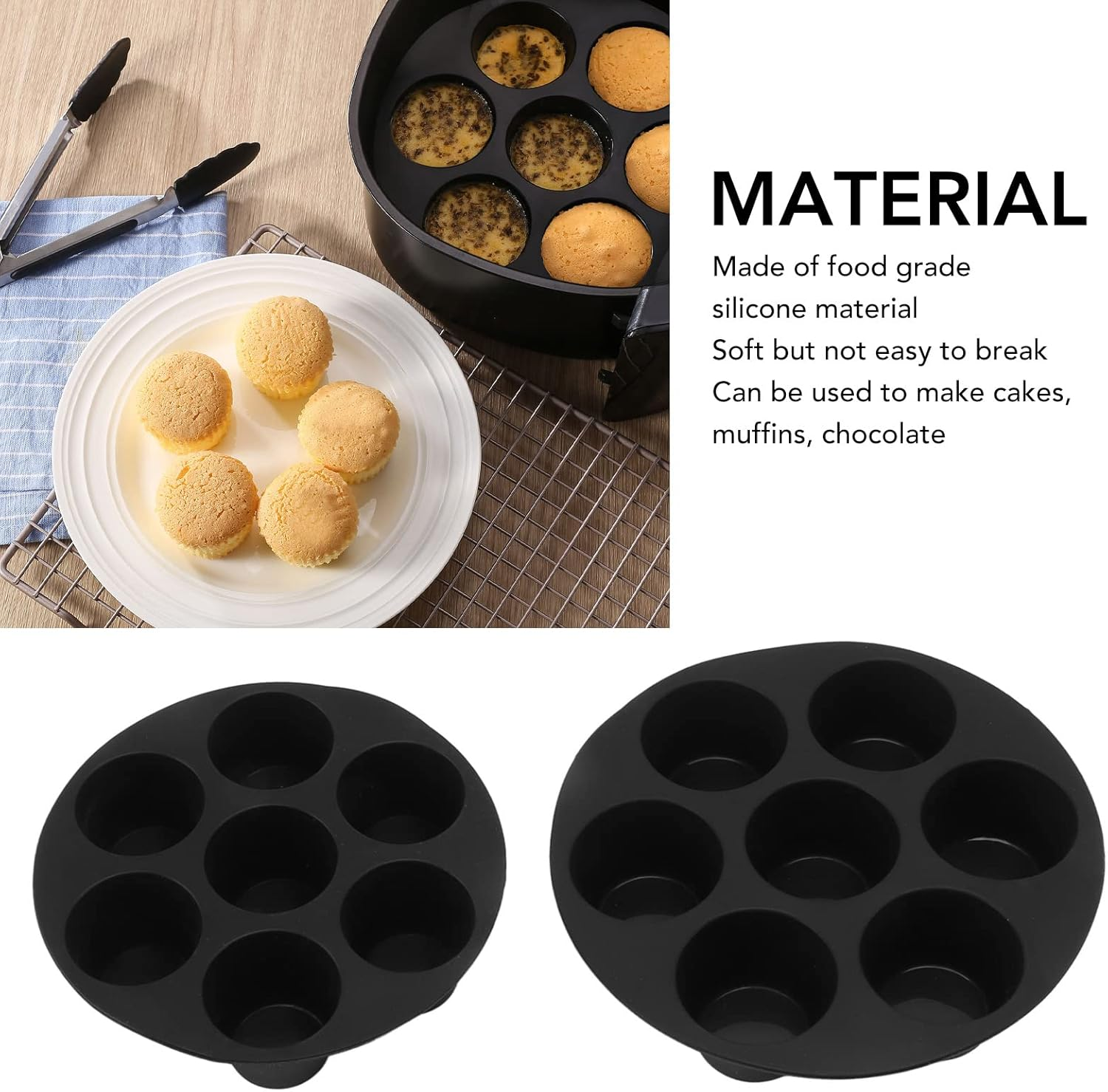 Muffin Pan, Set of 3 Flexible Silicone Muffin Pan Cupcake Tray, 7 Cup Baking Pan Air Fryer Accessories, 2 Sizes Nonstick Brownie Cake, Dishwasher Safe, (7In + 8In + Brush) image number 3