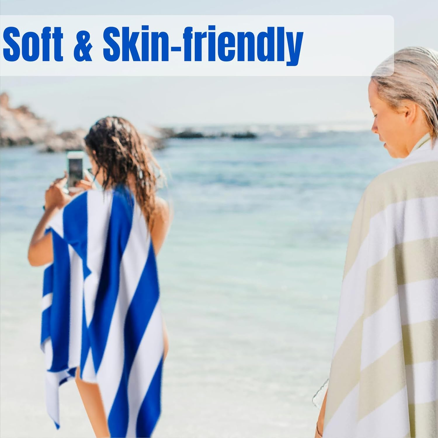 Microfibre Oversized Beach Towel - JOMWEN 180 &times; 90 Cm Quick Dry Striped Pool Towel, Beach Accessories, Extra Large Soft Lightweight Compact Beach Towels with Net Bag for Men Women (Blue, 1 Pack) image number 1