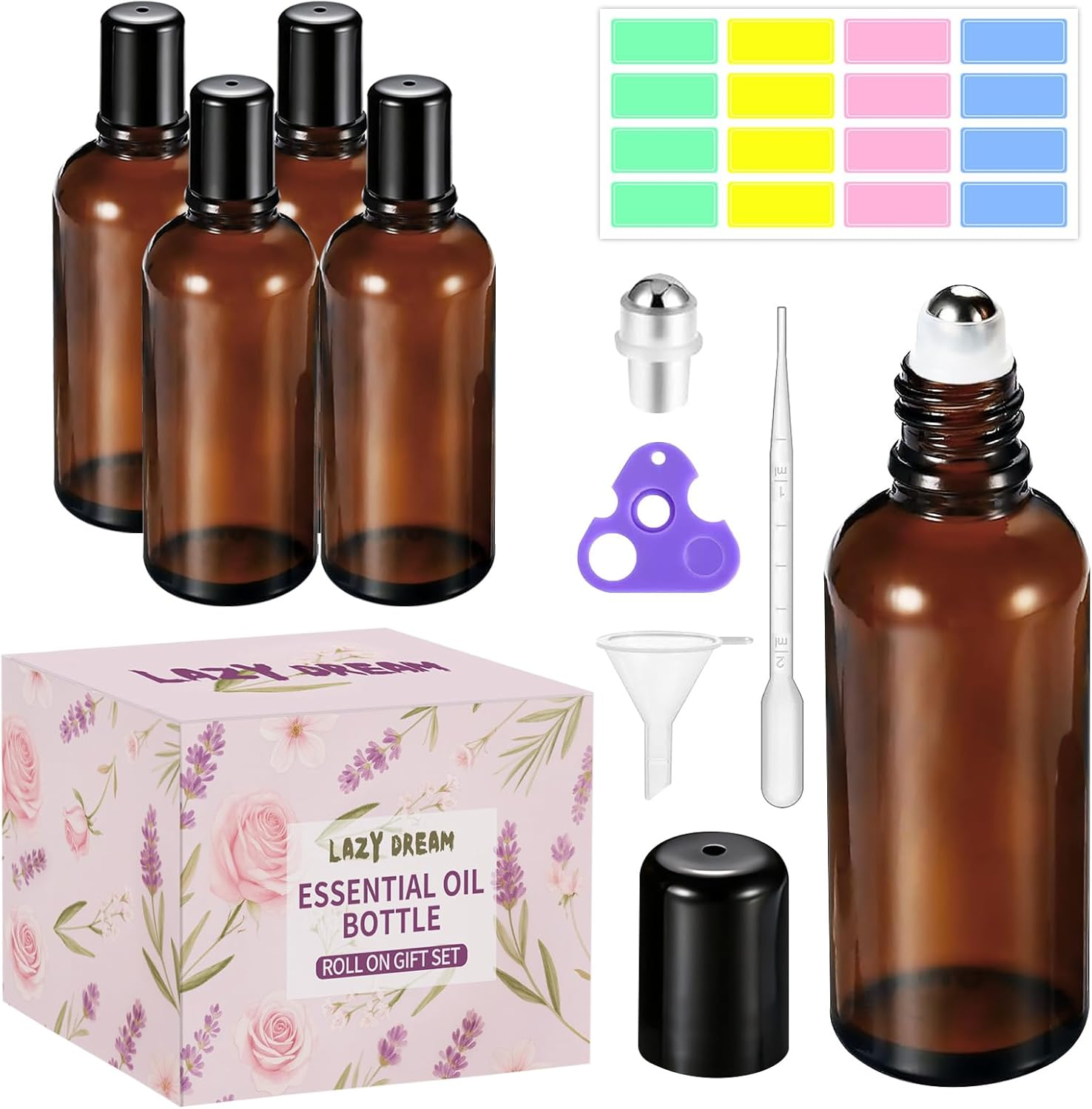 Lazy Dream Roller Bottles for Essential Oil, Empty Amber Glass Roller Bottle for Perfume Oil, Roll on Bottles with Stainless Steel Roller Balls, Opener, Funnel and Dropper for Aromatherapy, Massage image number 2