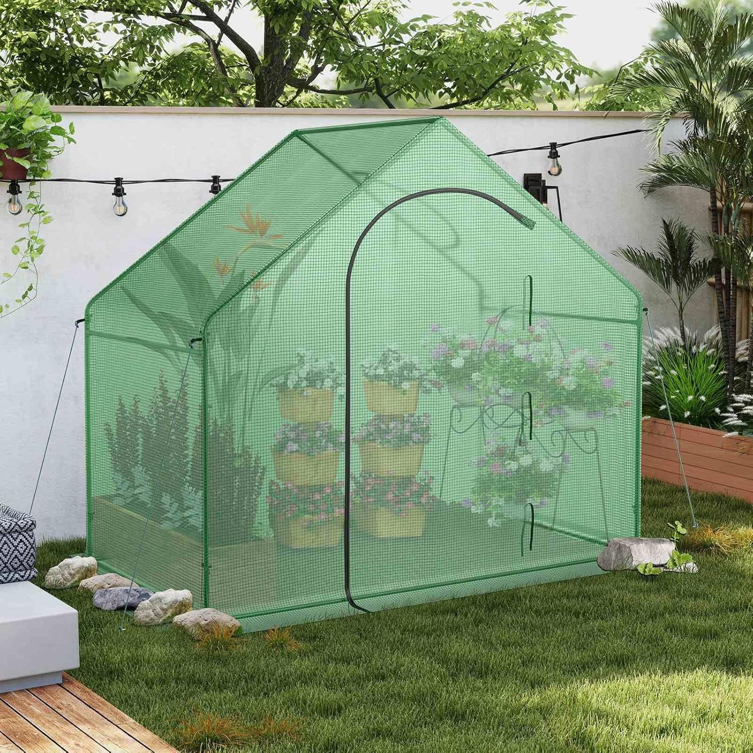 Costway 1.79 X 1 X 1.67M Mini Walk-In Greenhouse, Portable Outdoor Warm House for Winter W/ PE Cover, Rustproof Pe-Coated Metal Frame, Roll-Up Zippered Door, Window, Garden Yard Hot House Tent