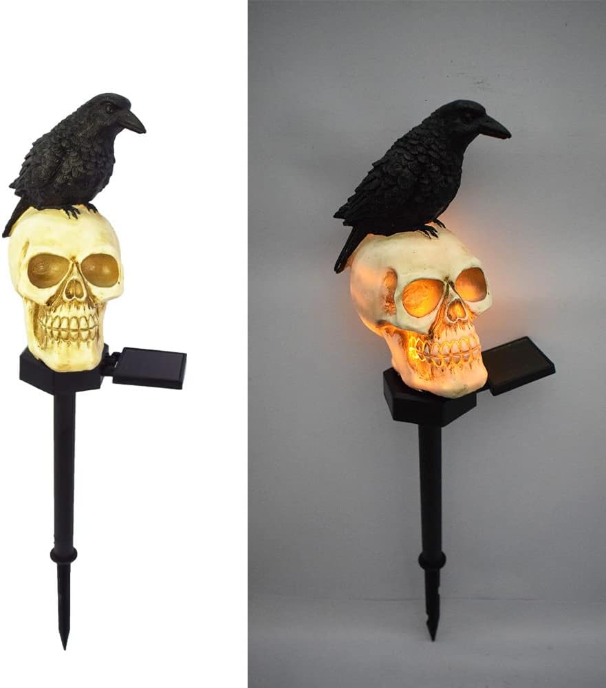 YZYOE 2 Packs of LED Solar Crow Skull Lights, Halloween Outdoor Atmosphere Decoration Lamp, and Cute Resin Crow Skull Courtyard Landscape Lights.