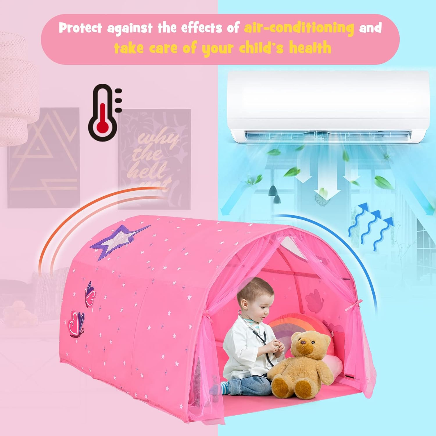 HONEY JOY Kids Play Tent, Portable Bed Tent for Children W/Double Mesh Curtain, Carrying Bag, Bed Tunnel Tent Playhouse for Bedroom, Living Room, Indoor Games, Sleeping Play Tents for Boys Girls, Pink