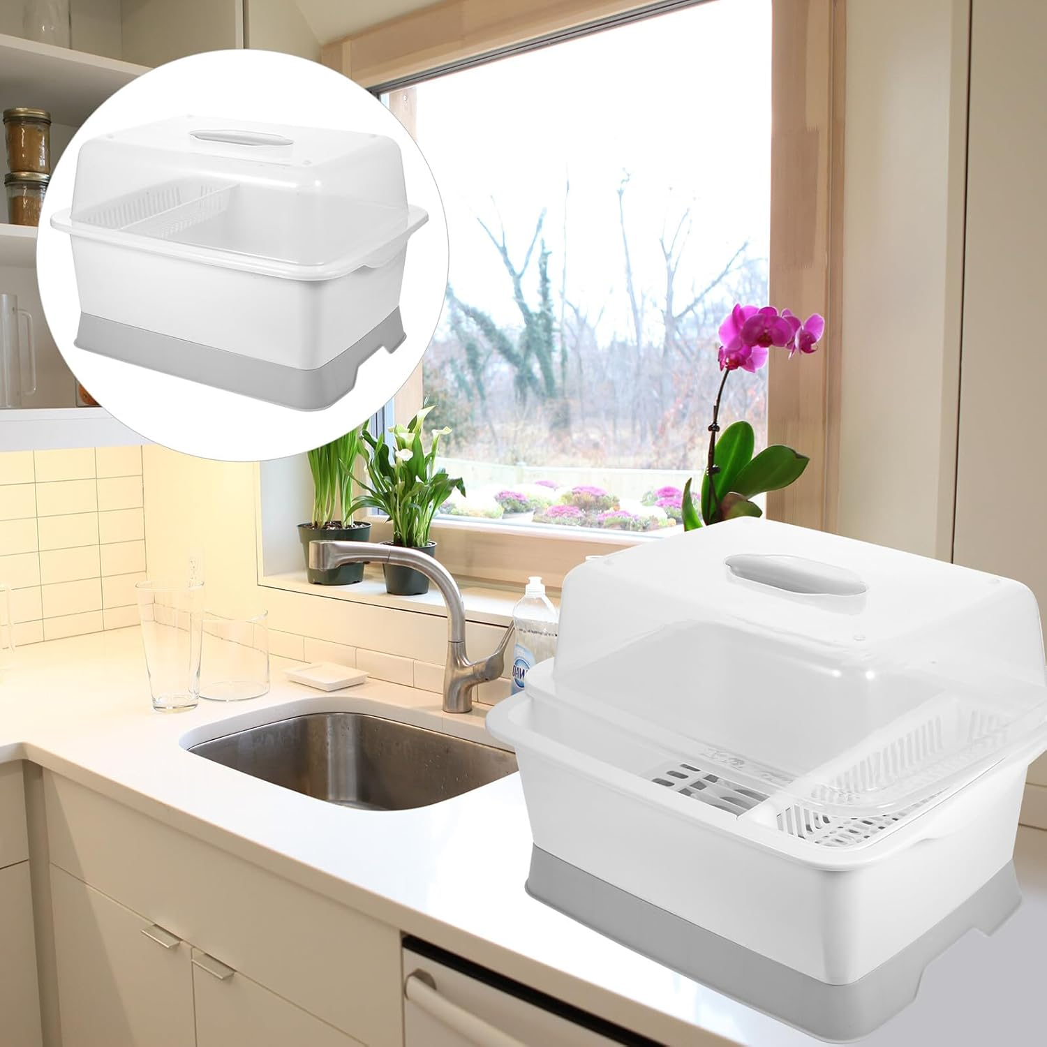 COHEALI Lid Kitchen Tableware Organizer with Ventilated Dish Drying Rack Removable Drip Tray Portable Medium-Sized PP Utensil Holder for Bowls Plates Forks and Spoons Storage image number 2