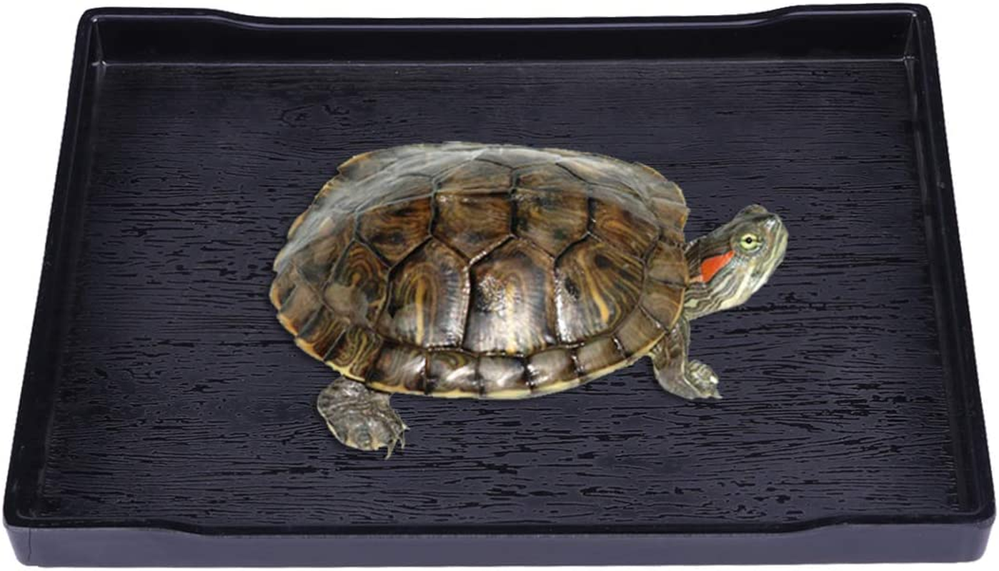 TEHAUX Reptile Food Bowl, Tortoise Large Food & Water Dish Reptile Large Plate Basking Platform Fits for Feed Bath (Black, 24.5 * 18 * 2Cm)