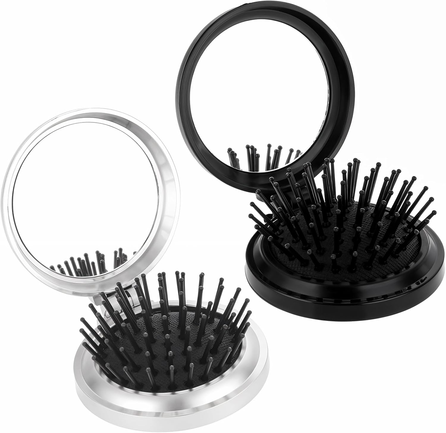 Round Folding Hair Brush, 2 Pieces Mini Hair Brush with Mirror Pocket Hair Massage Comb Portable Foldable Hair Brush Small Compact Purse Brush Travel Size Wet Hair Brushes for Women Girls Men image number 4