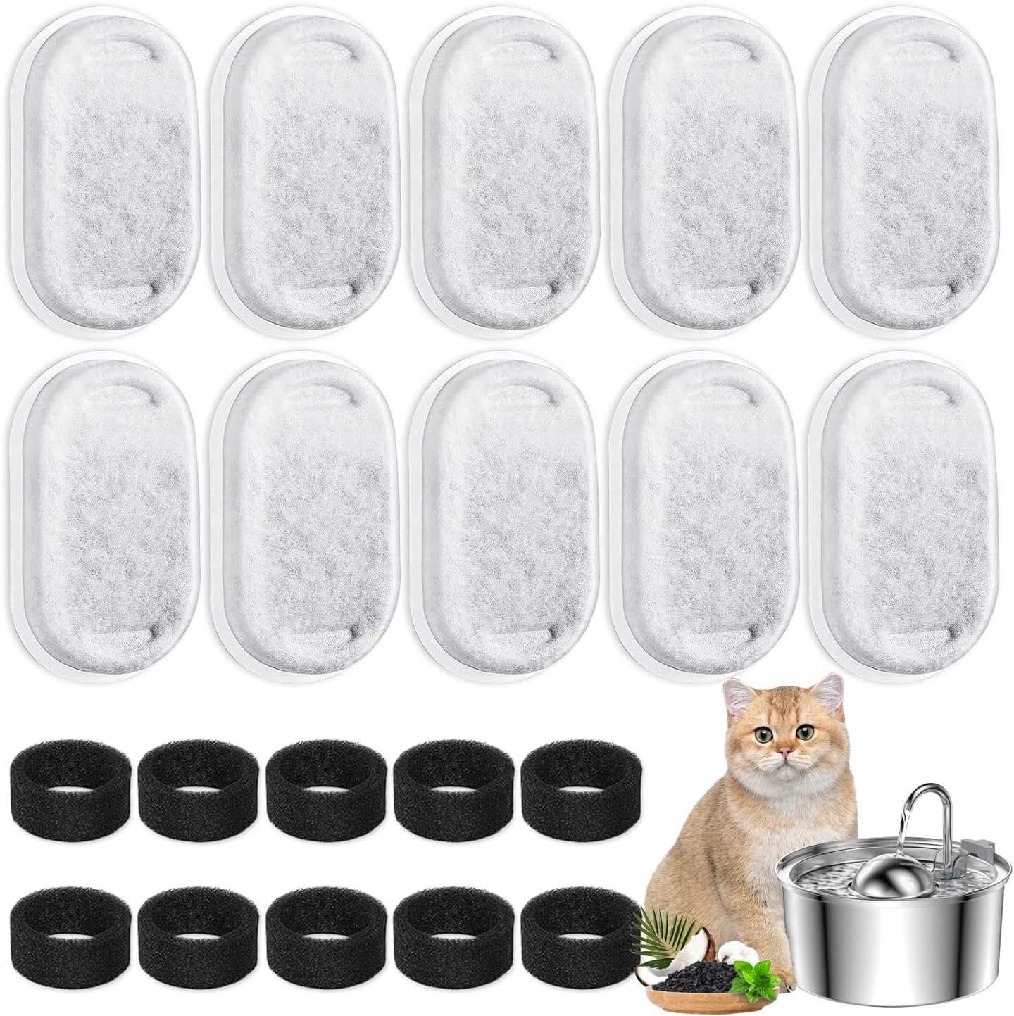 Sonicefit 40Pcs Cat Water Fountain Filters Replacement, Automatic Pet Water Dispenser Filter for Stainless Steel 108Oz/3.2L & 67Oz/2L Fountain, 9 Months Set Replacement Filters Pre-Filter Sponges