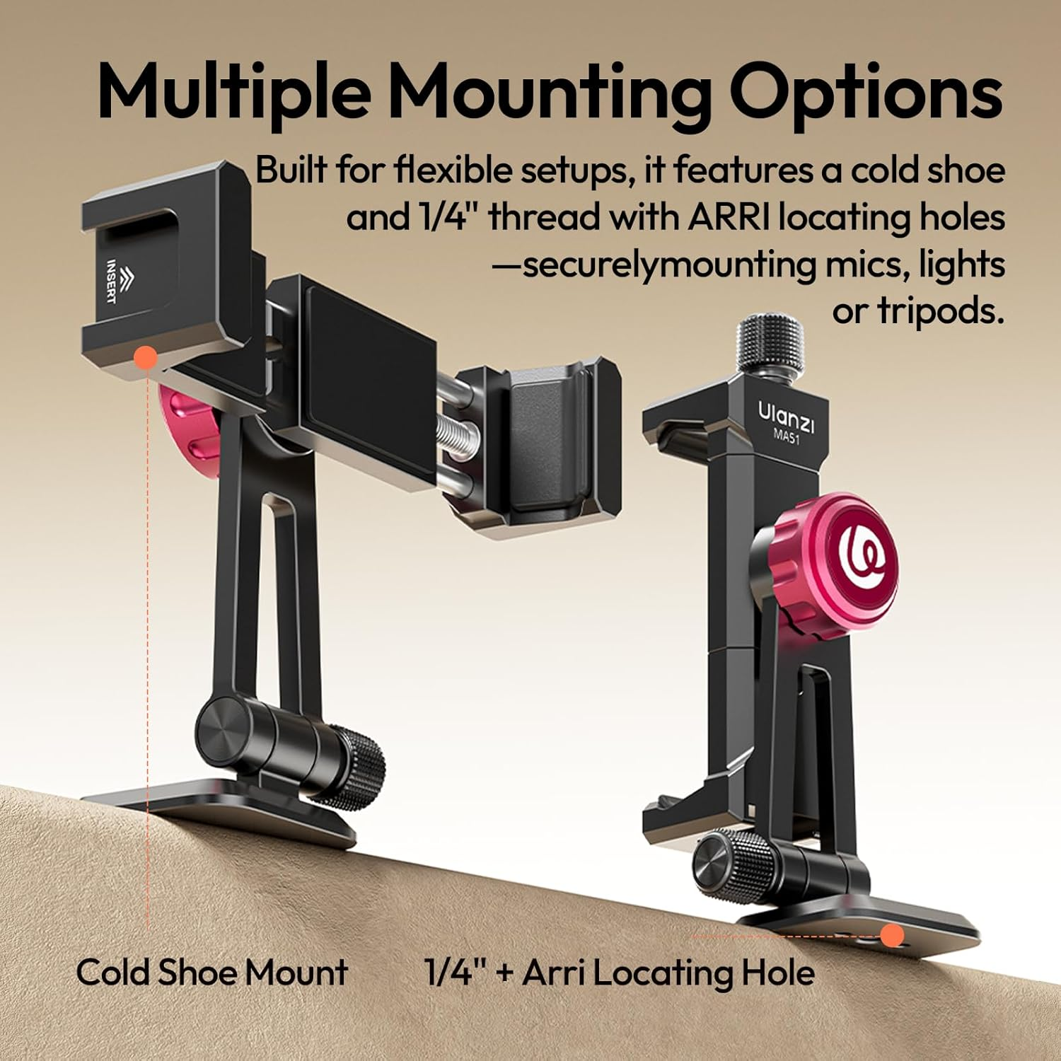 ULANZI MA51 Metal Phone Tripod Mount, Phone Clamp with Arca UKA Base, Cold Shoe, ARRI Locating Holes, 360&deg; Swivel 180&deg; Tilt, Cell Phone Holder Compatible with Iphone Samsung Galaxy and All Phones image number 3