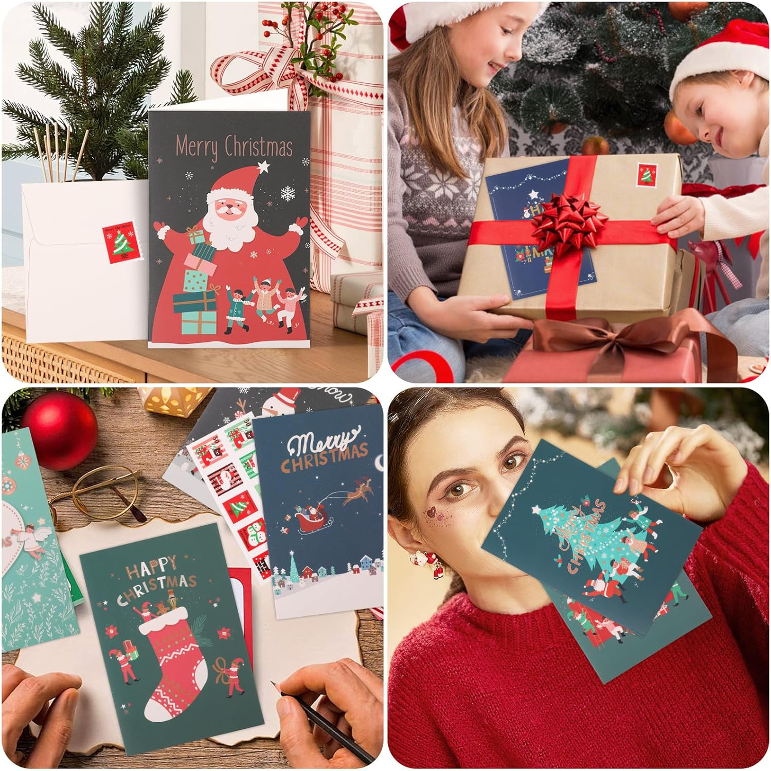 Christmas Cards Assortment 24 PCS, Merry Christmas Greeting Cards with Envelopes and Sealing Stickers, Xmas Blank Note Cards with Santa Claus, Snowman, Christmas Tree for Family Friend