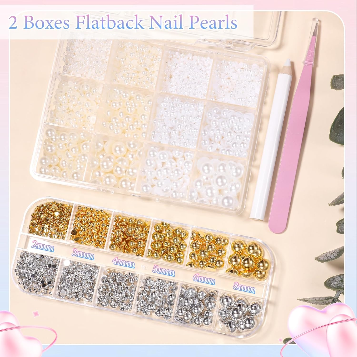 2 Boxes Flatback Pearls and Beads for Nails, Mixed Sizes White Beige Nail Art Pearls Luxurious Silver Gold Half Pearl Nail Charms, Gems for Nails ABS round Plastic Beads Nail Supplies DIY image number 1