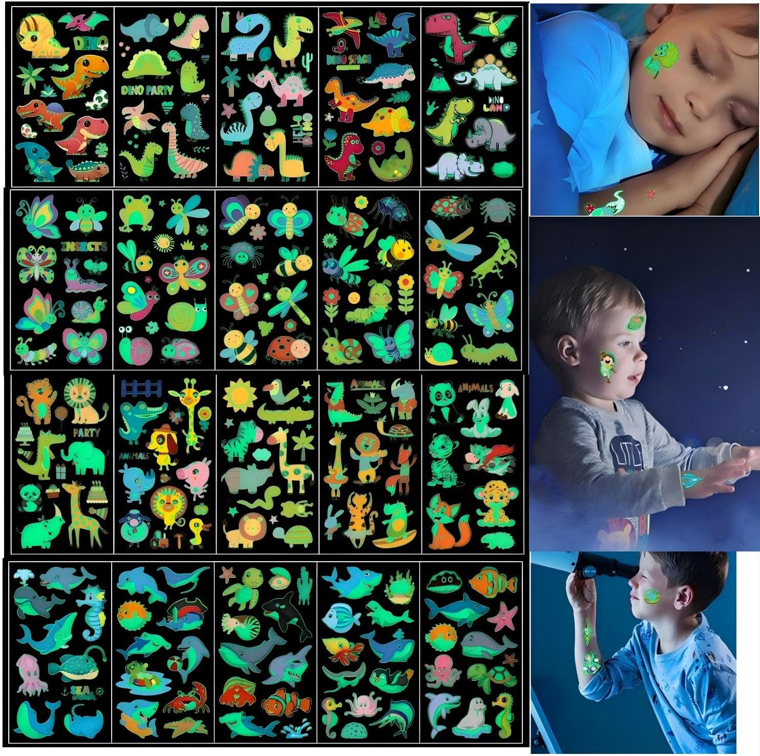 Lehuan 20 Sheets Luminous Tattoo Stickers for Kids, Mixed Style Temporary Cartoon Tattoo, Glow in the Dark Tattoos for Boys and Girls (Pattern 2) image number 2