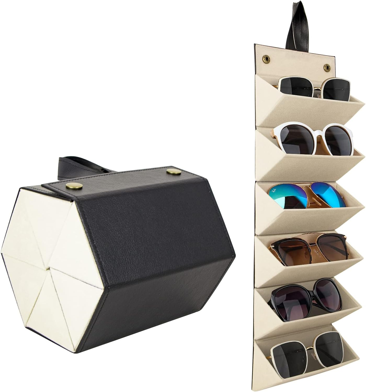 Glasses Organiser, Travel Foldable Sunglasses Storage Organizer for Multiple Glasses Case 5 Slots PU Leather Portable Eyeglasses Storage Box Hanging Eyewear Holder for Women and Men