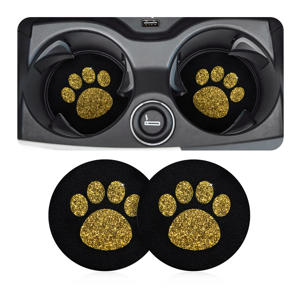 AUCELI 2 Pack Car Cup Holder Coasters, 2.75In Bling Glitter Rhinestone Paw Print Cup Coaster, Rubber Non-Slip Insert Auto Drink Mat, Universal Car Interior Accessories for SUV, Truck, RV (Golden)