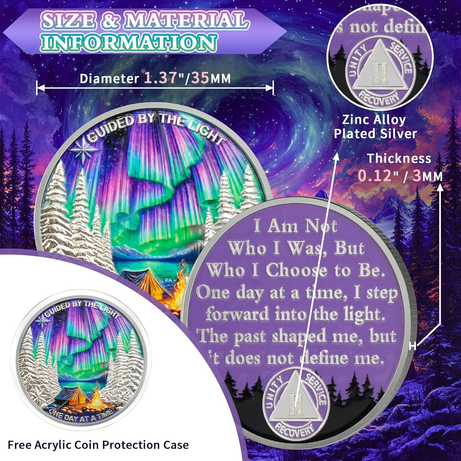YRCKUDZKG Guided by Northern Lights 2 Year Sobriety Coin - One Day at a Time AA Coin, Alcohol Free Two Year Recovery Chip with Token Capsule, Sobriety Gifts for Men Women image number 4