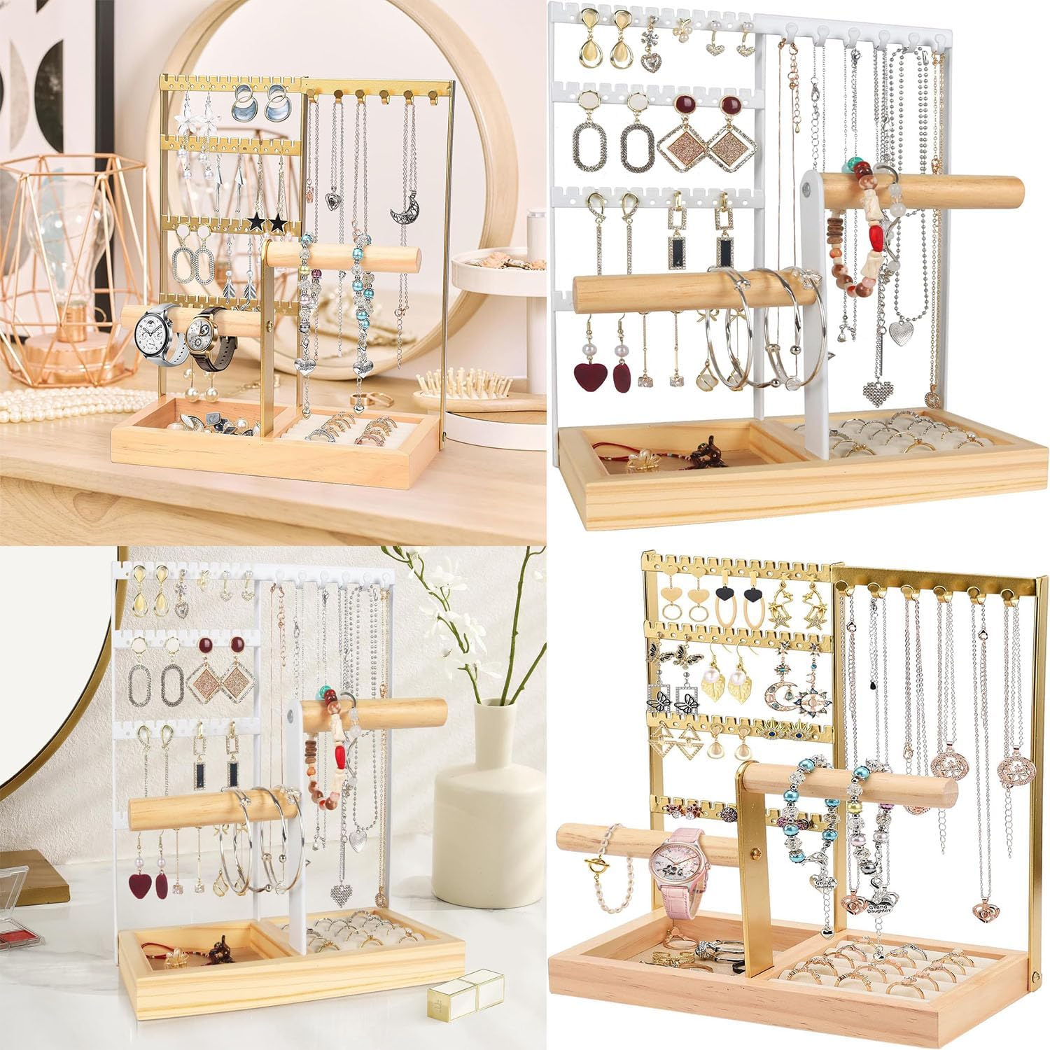 Paifeancodill Jewellery Stand Earring Stand Holder Jewelry Display Stands Necklace Holder Jewellery Holder with Storage Tray and Holes Wooden Jewellery Organiser Fornecklaceearringkeywatch (Gold) image number 1