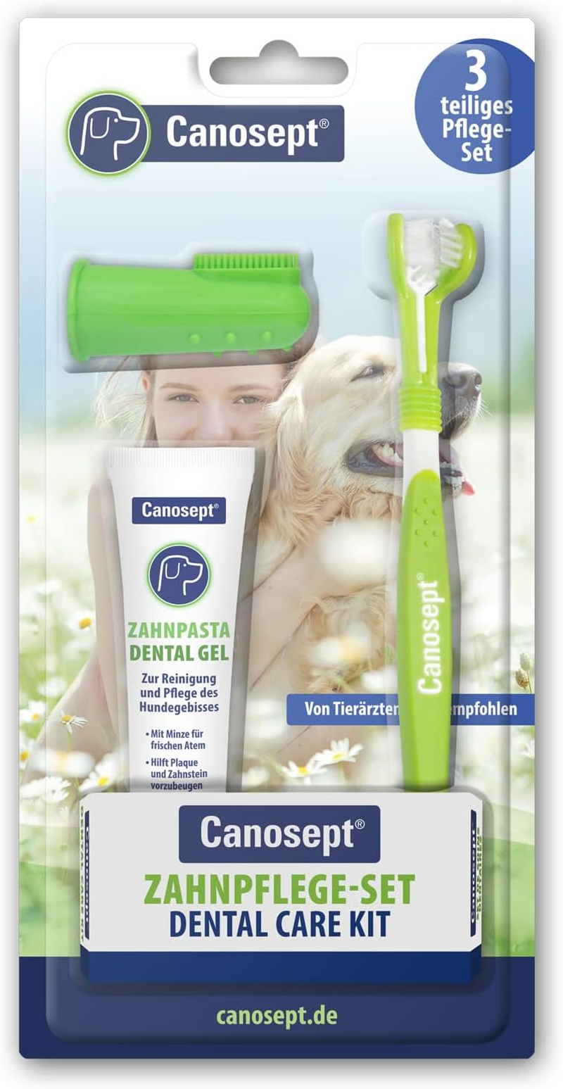 Canosept Dog Dental Care Kit (3 Pieces) - Dog Toothbrush and Toothpaste - Finger Brush - Teeth Cleaning Kit - Plaque Remover - Breath Freshener