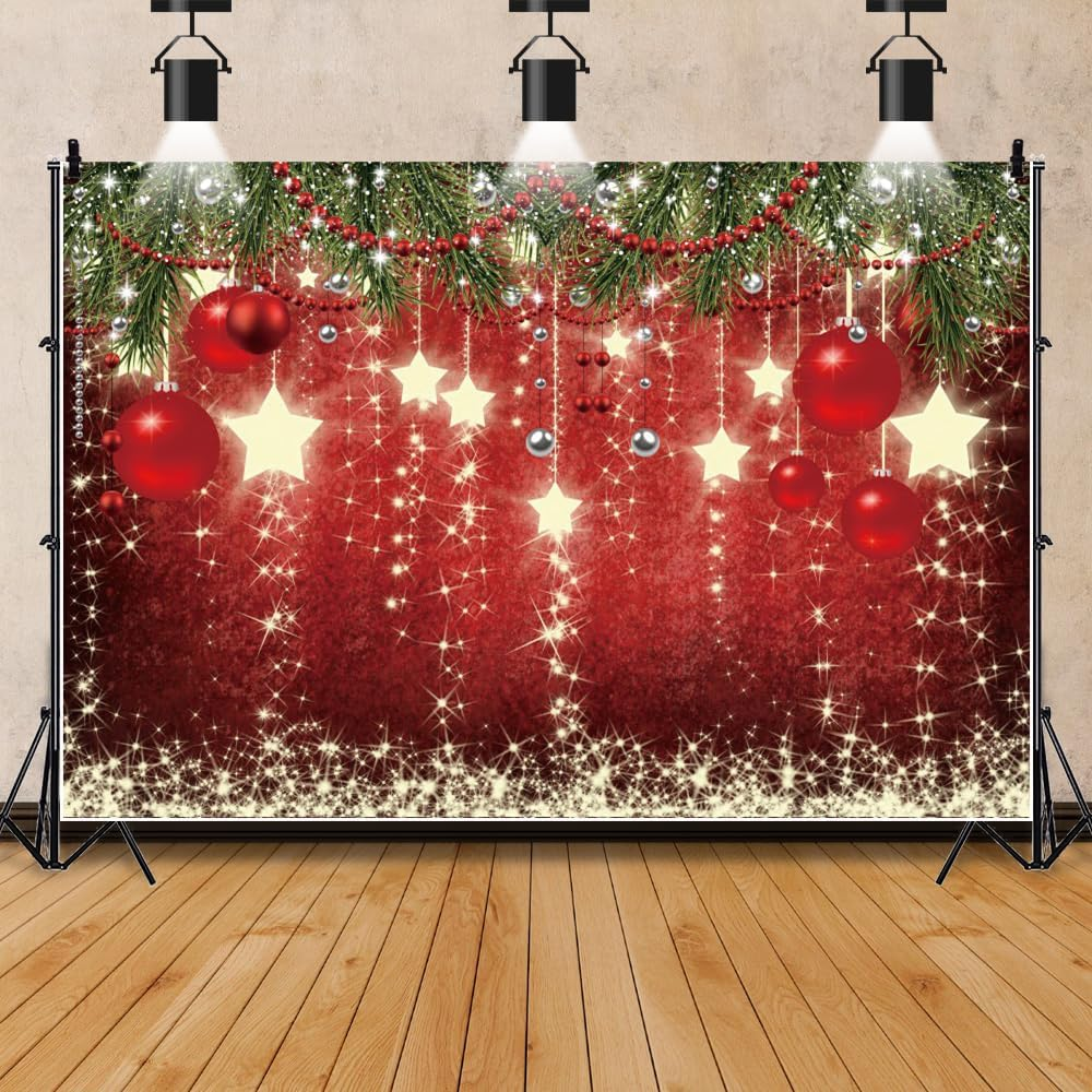 Christmas Backdrops Red Ball Shining Stars Theme Background New Year Backdrop Christmas Party Decoration Banner Children Birthday Party Newborn Party Photo Booth Props 8X6Ft image number 5