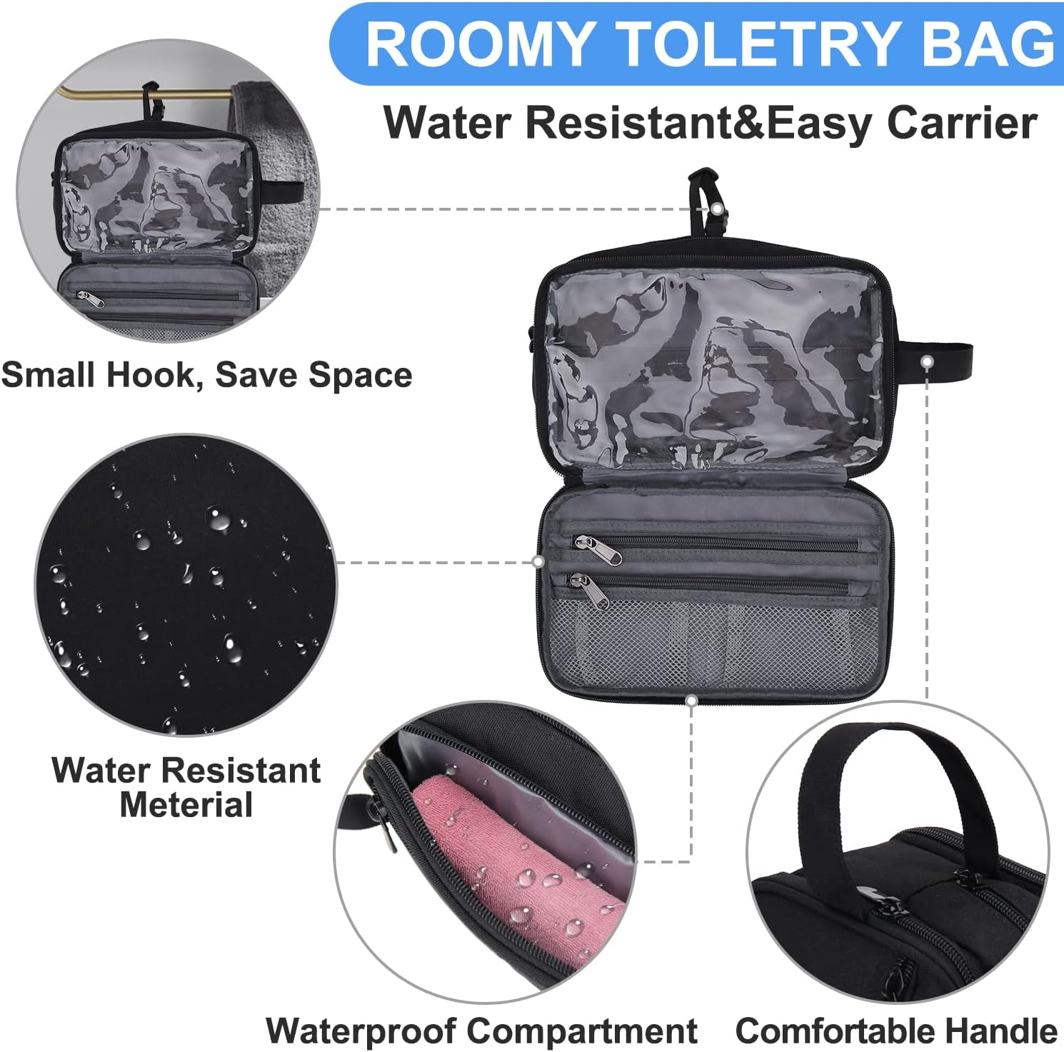 Toiletry Bag for Women, Travel Makeup Organizer with Hang Hook, Water-Resistant Shaving Bag for Men, VONXURY (Black) image number 1