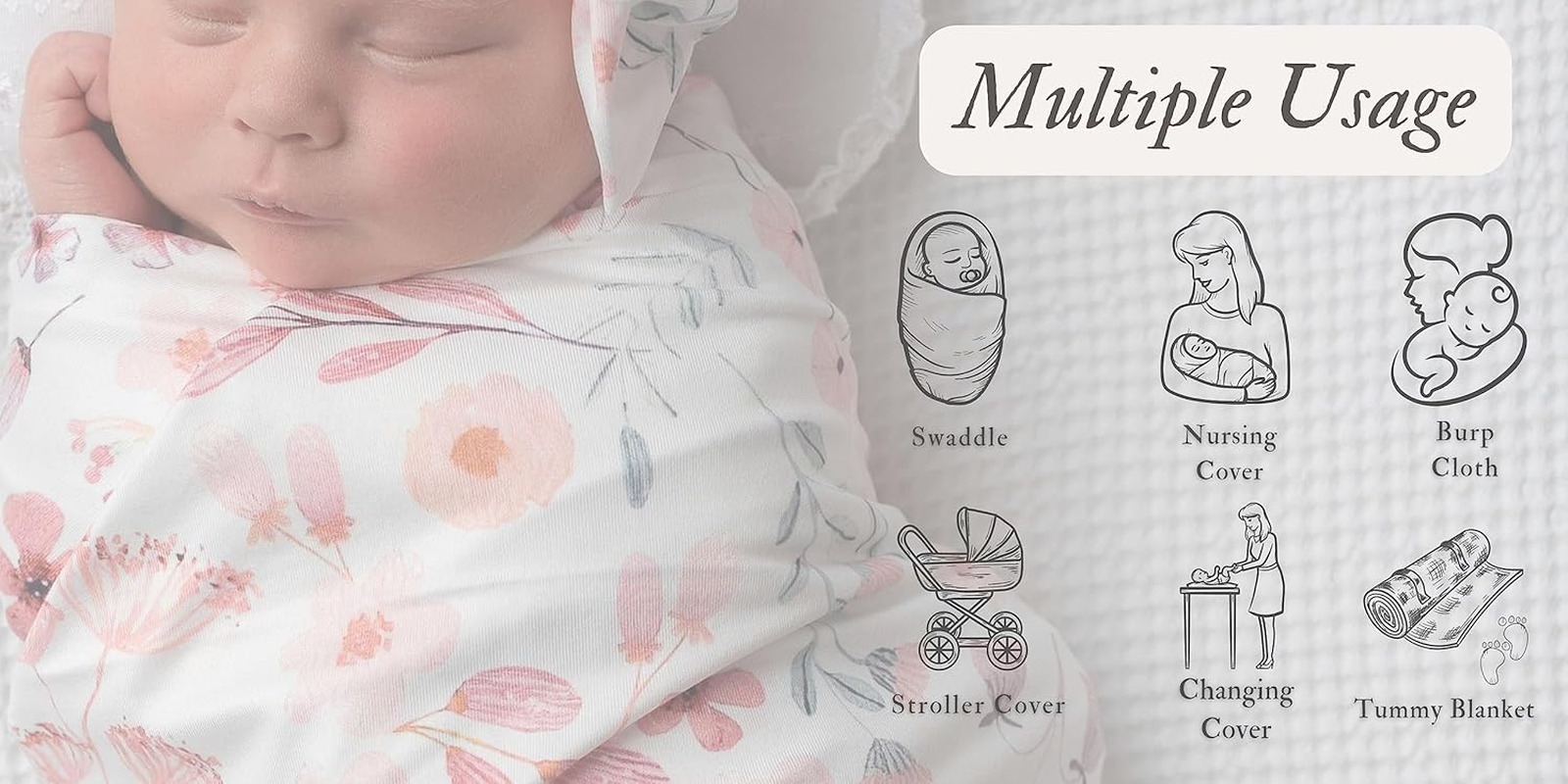 Newborn Floral Print Blanket Baby Stretch Wrap Swaddle Blanket Receiving Blanket with Matching Headband and Beanie (Small Flower and Leaf) image number 5