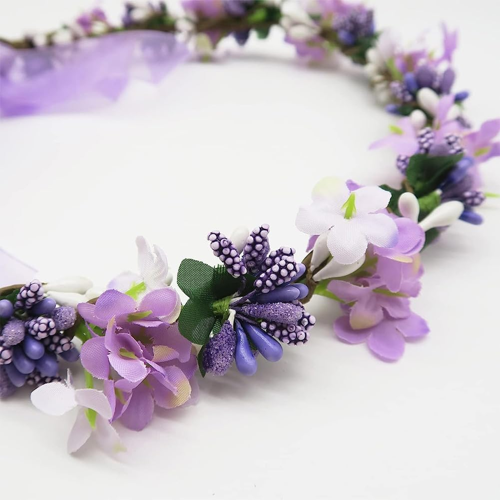 AKOAK 1 Pack Purple Flower Crown, Bohemian Wreath for Girls Floral Headwear, Adjustable Wedding Headband for Weddings, Baby Showers, Family Photos and Fancy Soiree image number 1