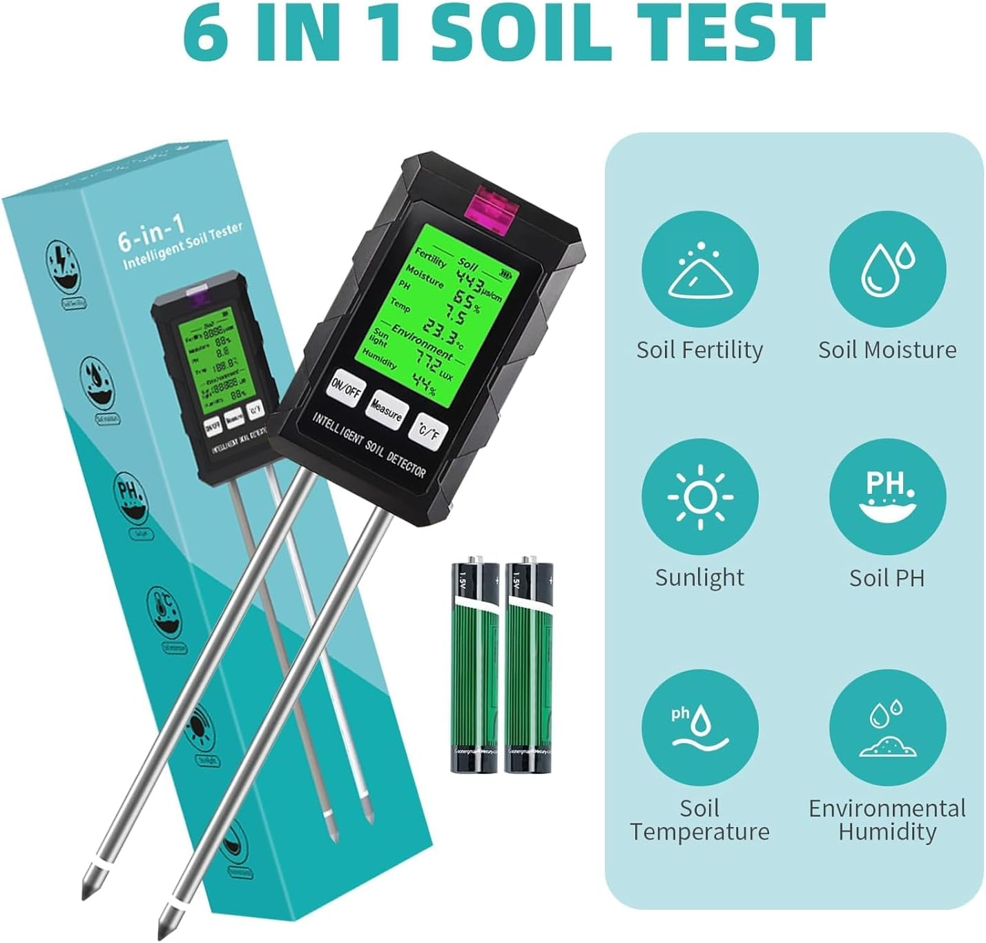 Soil Test Kit,Soil Moisture Meter/Air Hygrometer Meter/Ph Meter/Sunlight Intensity/Fertility Soil Tester Agricultural Planting 6-In-1,Thermometers for Gardening Tools image number 3