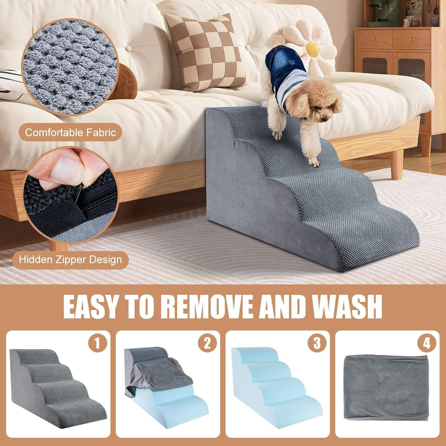 4-Tiers Dog Stairs, Dog Steps Ramp for High Bed and Couch, Durable Non-Slip Waterproof Fabric Cover Pet Stairs for Small Dogs and Cats, Grey 72 * 40 * 45Cm image number 6