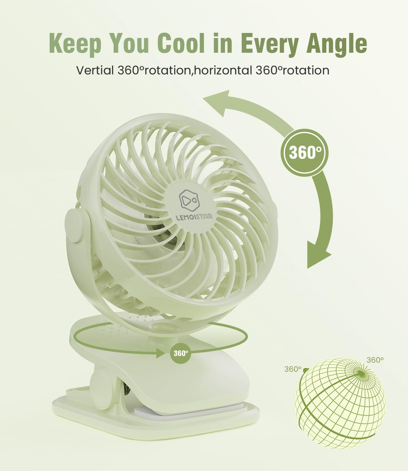 Portable Baby Stroller Fan, Rechargeable Battery Operated Clip Fan, USB Powered Samll Personal Fan, 4 Speeds, Quiet Desk Fan for Office, Dorm and Outdoor Activity-Green image number 2