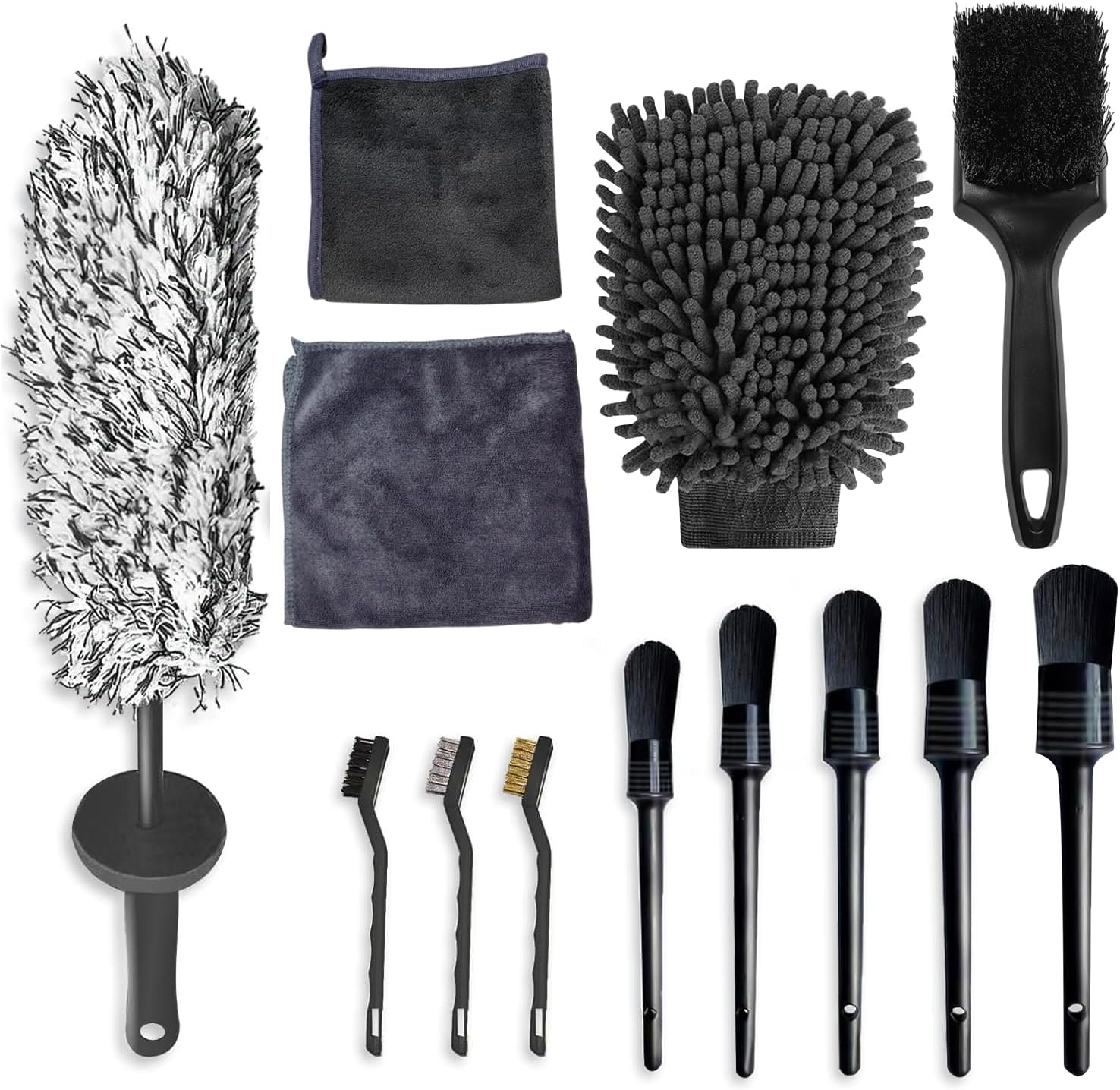 13 PCS Car Wash Tool Cleaning Kit with Storage Bag - Microfiber Mitts, Drying Towel, Waffle Cloths, Alloy Wheel Brush, Valeting Essentials, Set
