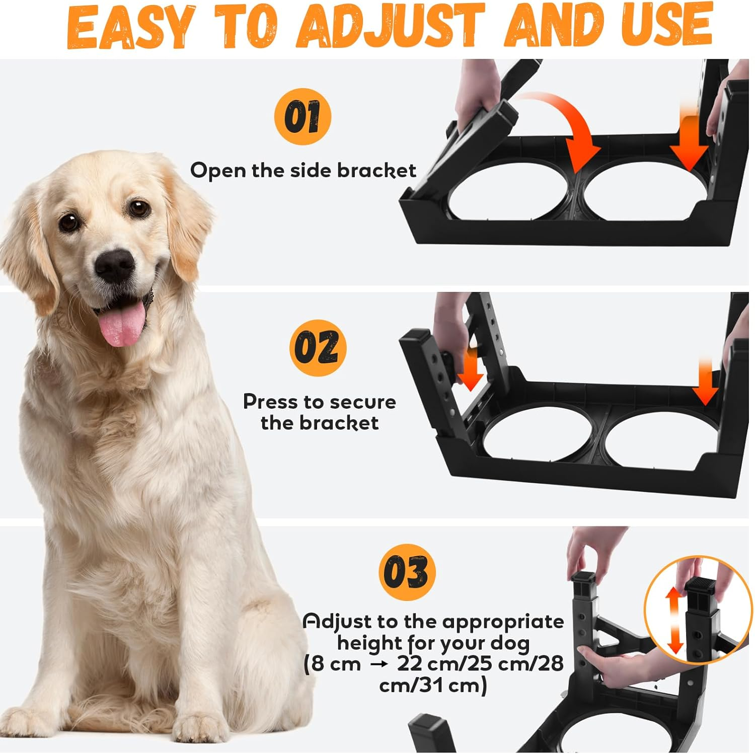 Elevated Dog Food Bowls, 5 Heights Adjustable(8Cm, 22Cm, 25Cm, 28Cm, 31Cm), Raised Dog Bowl Stand with 1 Stainless Steel Bowl & 1 Slow Feeder Bowl, Food Dishes for Small Medium Large Dogs image number 2