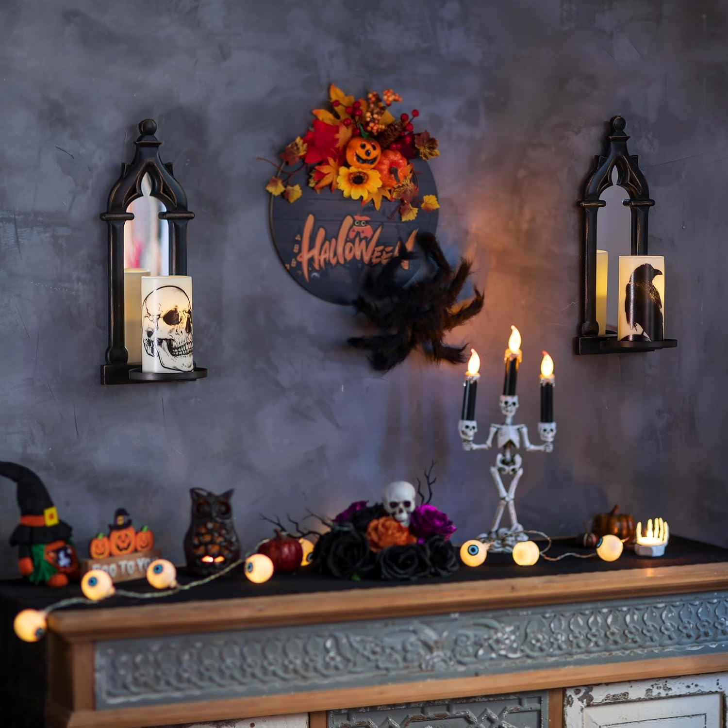 Walasis Candle Sconces Black Wall Decor - Gothic Mirror Wall Candle Holder - Wood Farmhouse Candles Sconce Set of 2 image number 6